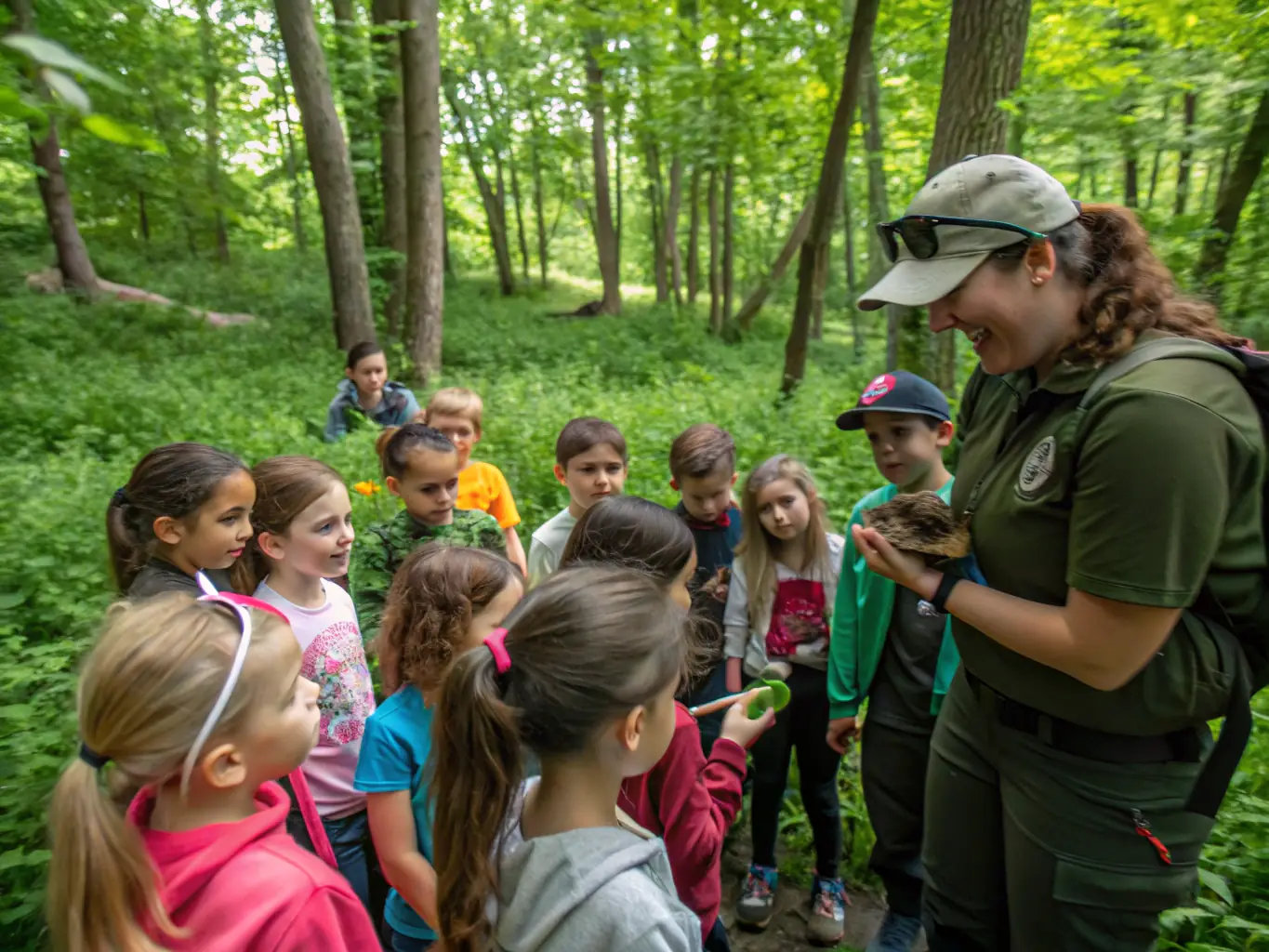 A group of students participating in a PERENNIS ecological education workshop, learning about local flora and fauna in a natural setting. The image should convey a sense of engagement and discovery.
