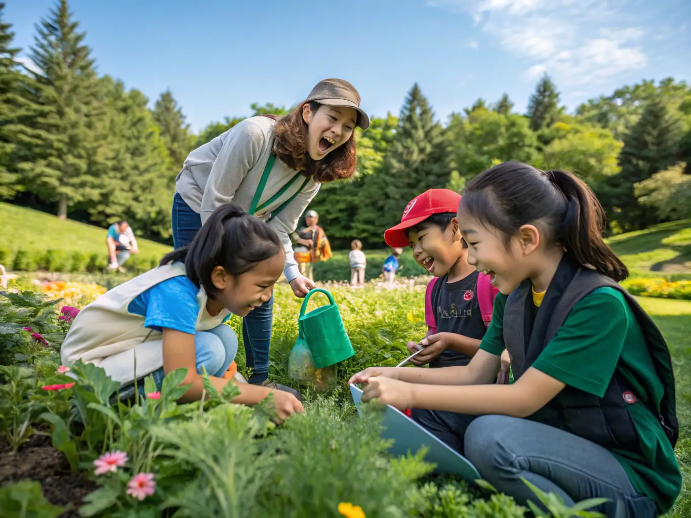 A vibrant image of children and adults participating in an outdoor ecological workshop, engaging with native plants and wildlife.