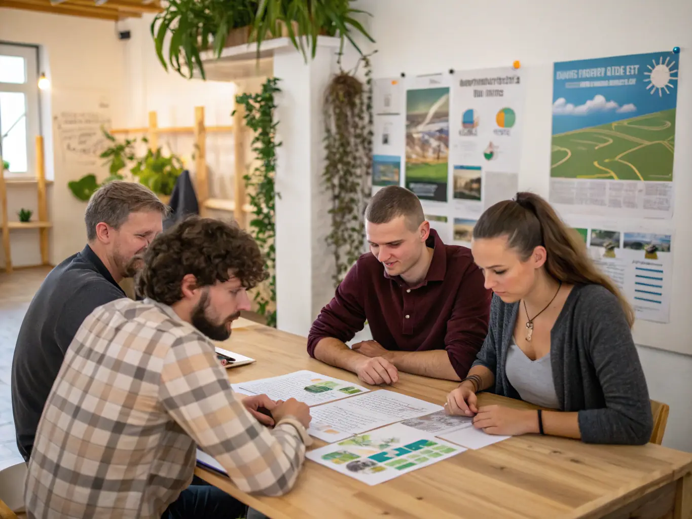 A community workshop with diverse participants discussing ecological topics, with visual aids and shared materials.